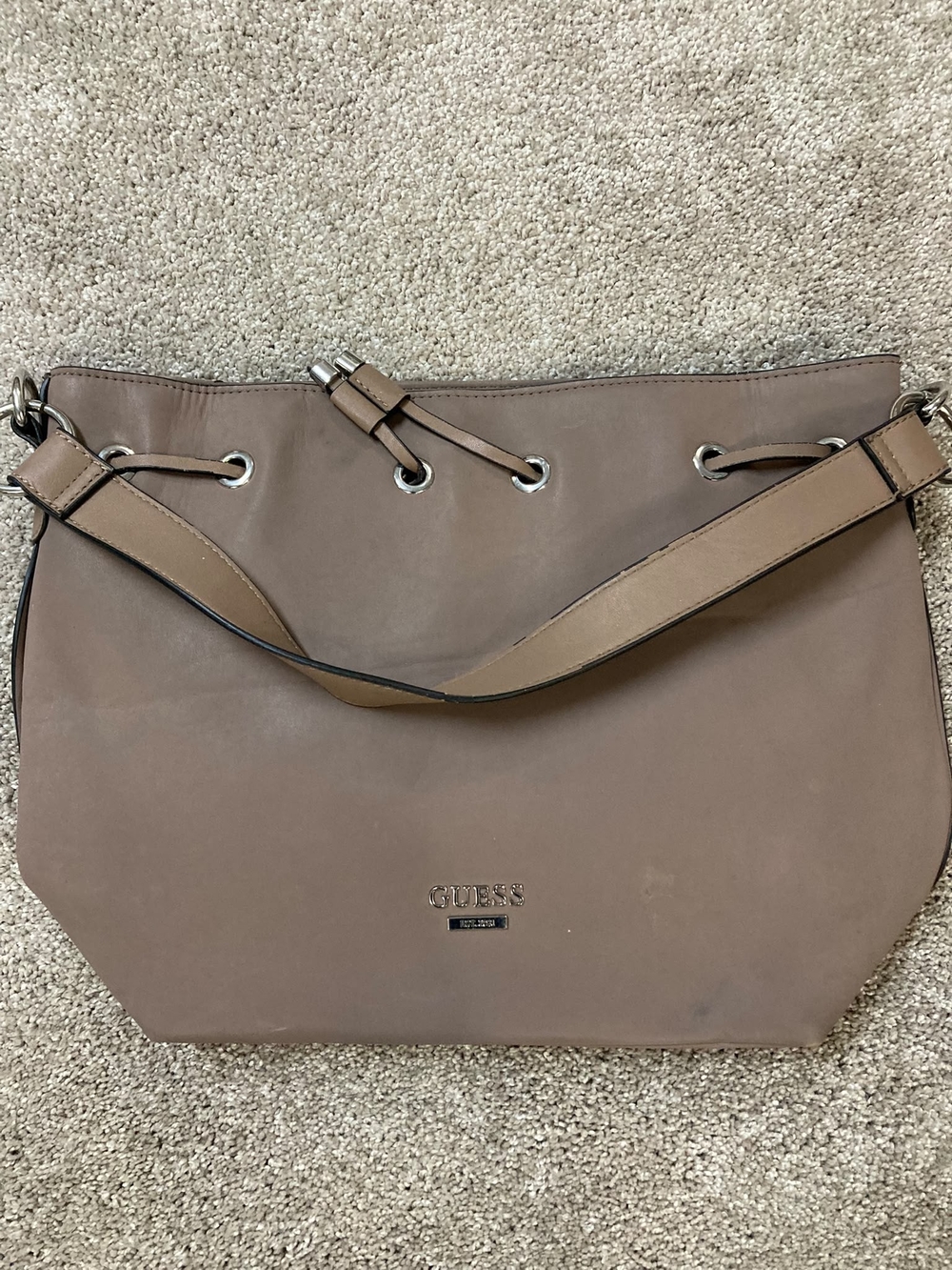 GUESS Taupe Brown Shoulder Bag with Drawstring Accent